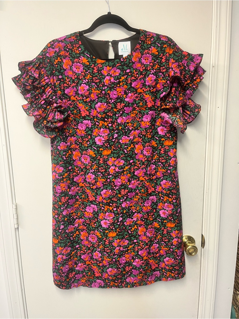 Shop The Mint Floral Ruffle Sleeve Mini Dress Size Small Black Pink Orange